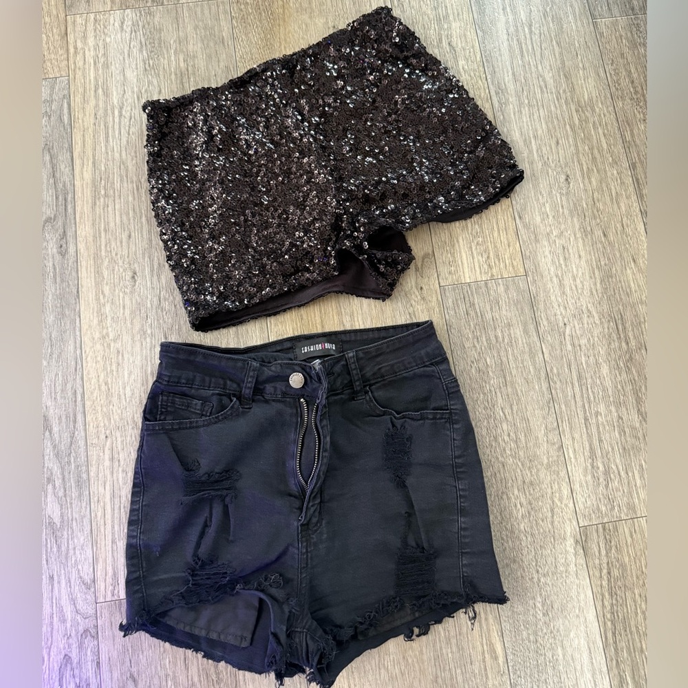 2 pair black mini booty shorts. Ripped Black denim and sequin!